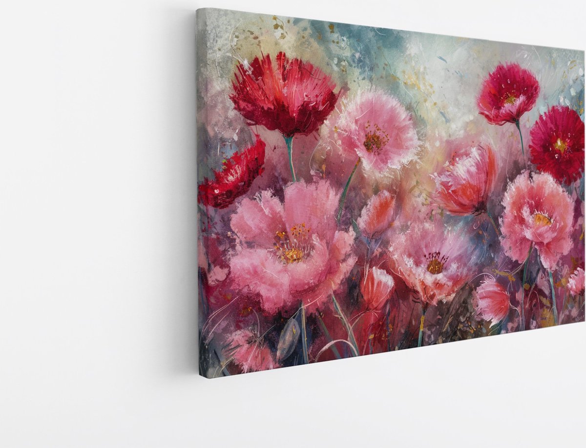 Saammp Canvas Schilderij - Roze met rode bloemen - Abstract - 70x50 - Foto op canvas - Wanddecoratie - Muurdecoratie Woonkamer - Kantoor Decoratie Multicolor