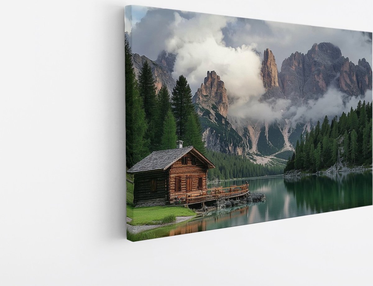 Saammp Canvas Schilderij - Natuur - Huis tussen de bergen - landschap - 90x60 - Foto op canvas - Wanddecoratie - Muurdecoratie Woonkamer - Slaapkamer decoratie - Canvas Print Multicolor