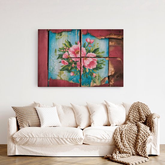 Saammp Canvas Schilderij - Bloemen op hout - Abstract - 60x40 - Foto op canvas - Wanddecoratie - Muurdecoratie Woonkamer - Kantoor Decoratie