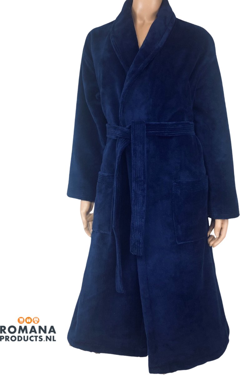 Romana Products Velvet - Badjas - Velvet Blauw - Maat XS - Hoogwaardige kwaliteit - Zeer luxe - Ochtendjas - Luxe Badstof van Katoen en Polyester - Heerlijk warm - Super zacht fleece - Binnenzijde katoen - voor sauna en thuisgebruik
