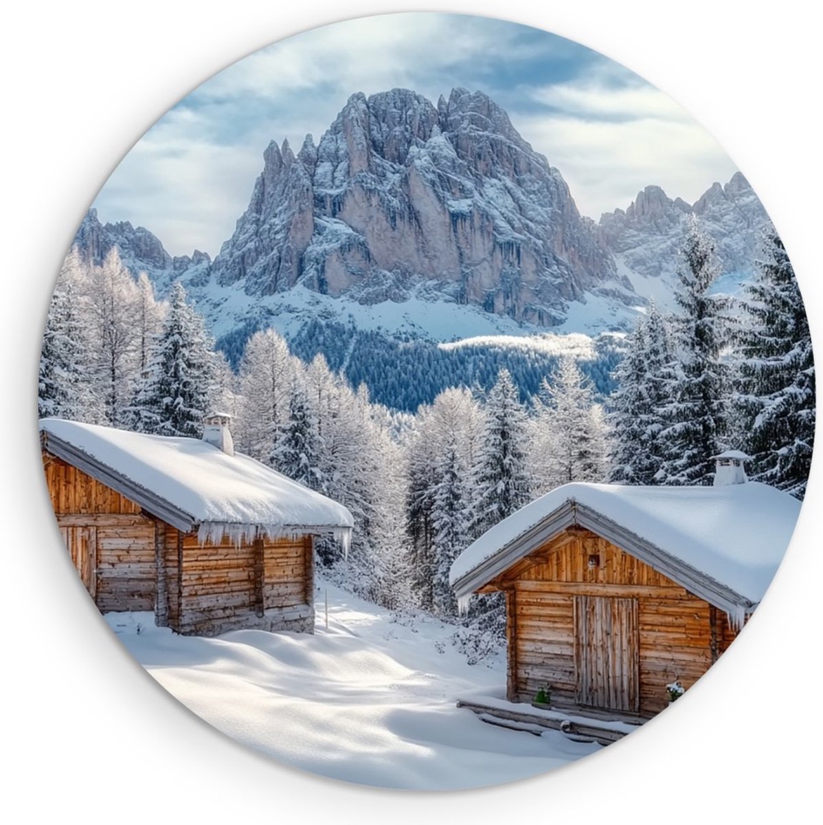 Saammp Forex Muurcirkel - 2 Besneeuwde Huizen - Natuur - Landschap - Ø 40 - Wandcirkel - Wanddecoratie Cirkel - Muurdecoratie Woonkamer - Slaapkamer decoratie - Rond Schilderij