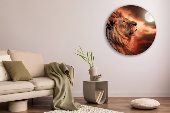Saammp Forex Muurcirkel - Leeuw met de maan - Dieren - Natuur - Ø 90 - Wandcirkel - Wanddecoratie Cirkel - Muurdecoratie Woonkamer - Slaapkamer decoratie - Rond Schilderij