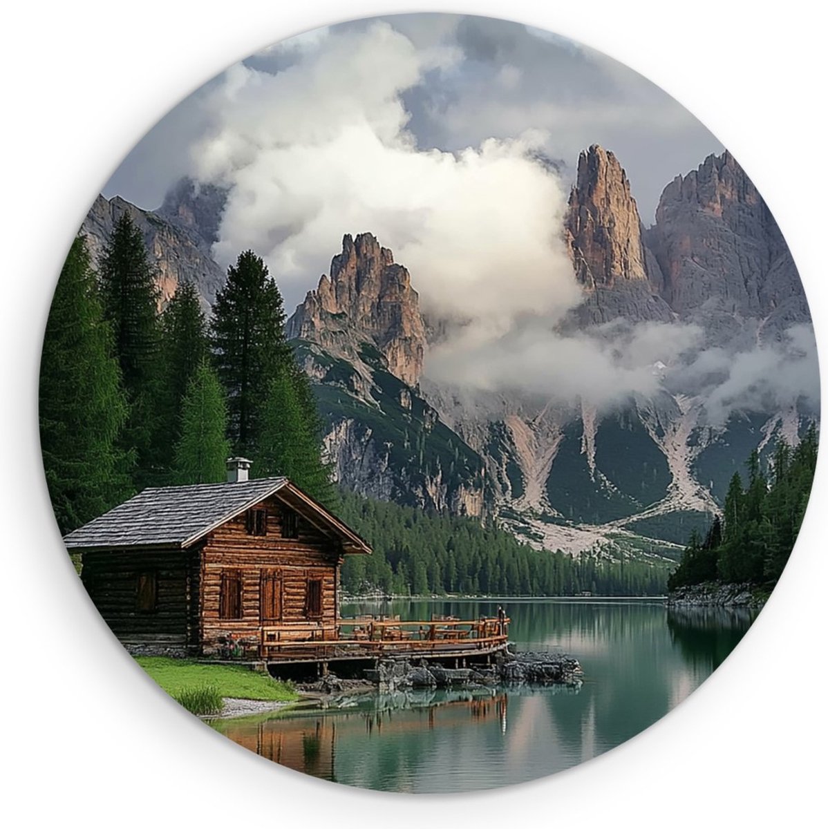 Saammp Forex Muurcirkel - Natuur - Huis tussen de bergen - landschap - Ø 80 - Wandcirkel - Wanddecoratie Cirkel - Muurdecoratie Woonkamer - Slaapkamer decoratie - Rond Schilderij