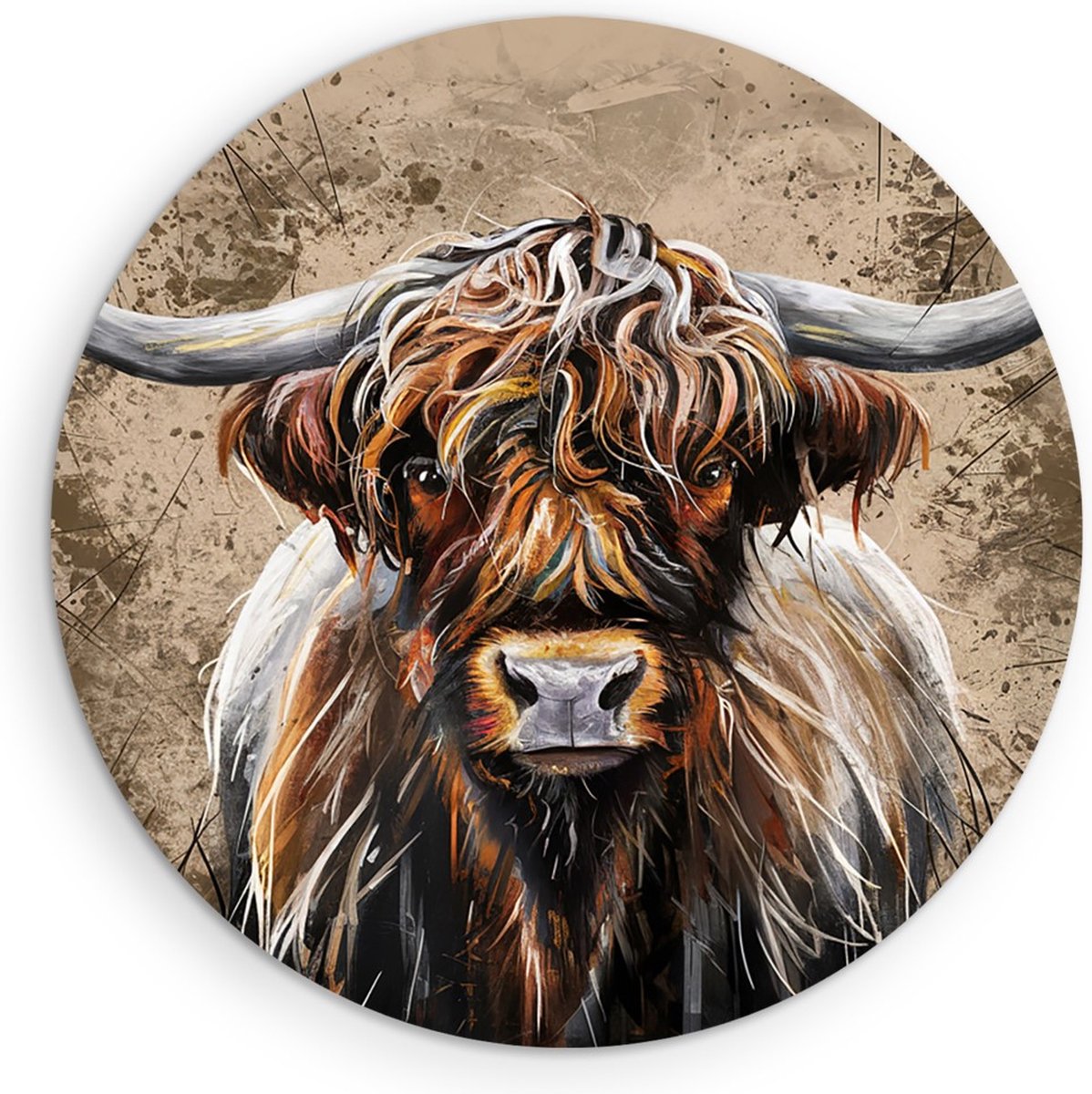 Saammp Forex Muurcirkel - Schotse Hooglander Koe - Portret - Landschap - Dieren - Natuur - Ø 50 - Wandcirkel - Wanddecoratie Cirkel - muurdecoratie Woonkamer - Slaapkamer decoratie - Rond Schilderij