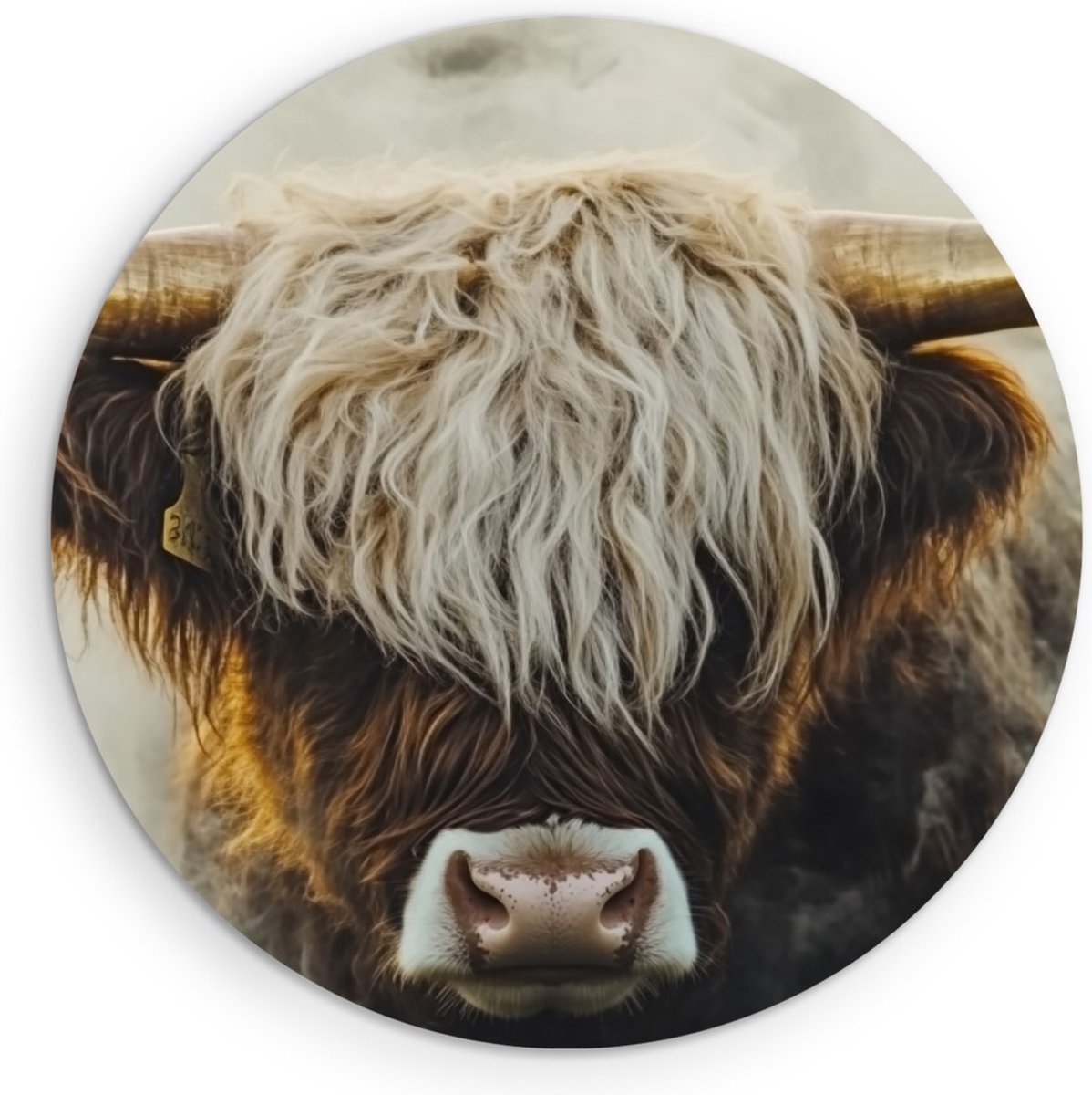 Saammp Forex Muurcirkel Schotse Hooglander Koe liggend - Dieren - Natuur - Ø 50 - Wandcirkel - Wanddecoratie Cirkel - muurdecoratie Woonkamer - Slaapkamer decoratie - Rond Schilderij