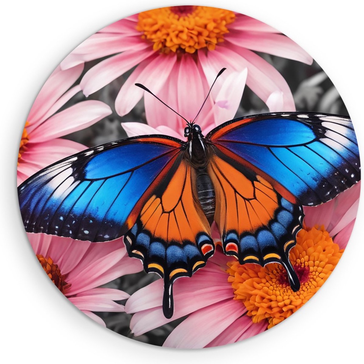 Saammp Forex Muurcirkel -Vlinder bij roze bloem - Dieren - Natuur - Ø 90 - Wandcirkel - Wanddecoratie Cirkel - muurdecoratie Woonkamer - Slaapkamer decoratie - Rond Schilderij