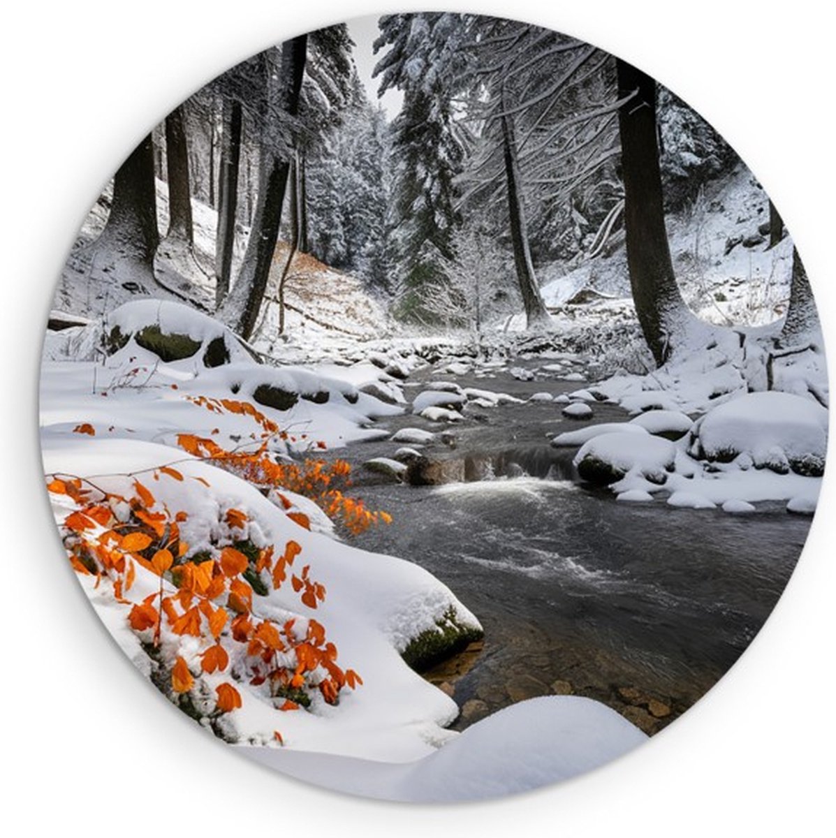 Saammp Muurcirkel Hout - Beekje in de winter - Bloemen - Landschap - Natuur - Ø 60 - Wandcirkel - Wanddecoratie Cirkel - Muurdecoratie Woonkamer - Slaapkamer decoratie - Rond Schilderij