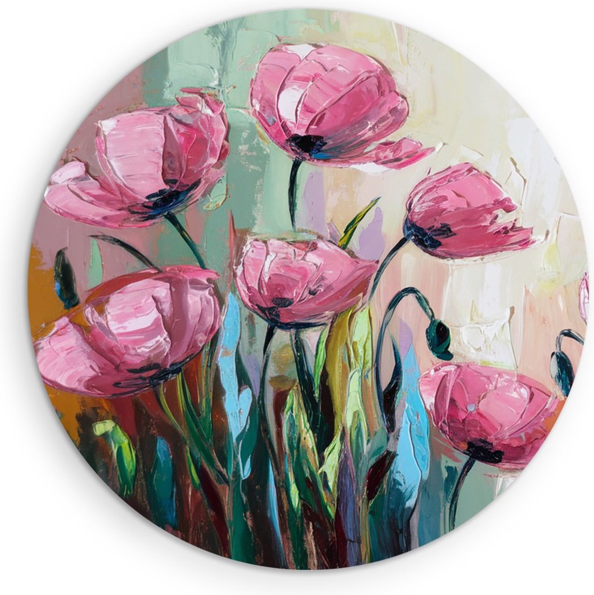Saammp Muurcirkel Hout - Expressieve Roze Bloemen - Natuur - Abstract - Ø 60 - Wandcirkel - Wanddecoratie Cirkel - Muurdecoratie Woonkamer - Kantoor Decoratie