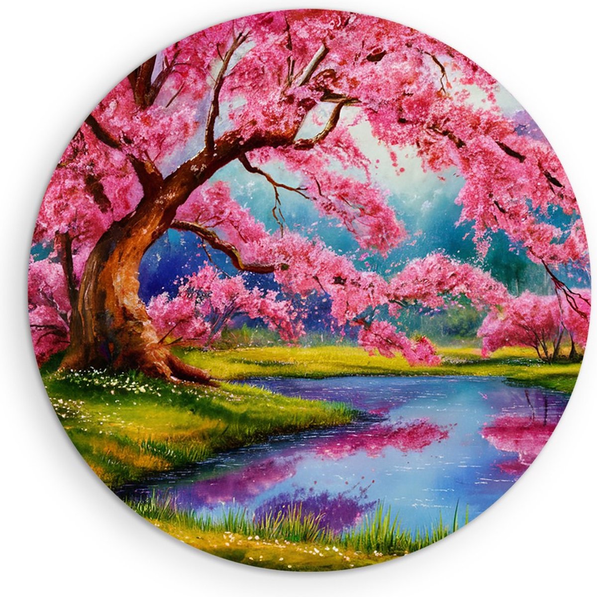 Saammp Muurcirkel Hout - Roze boom aan een meer - Natuur - Landschap - Ø 70 - Wandcirkel - Wanddecoratie Cirkel - Muurdecoratie Woonkamer - Slaapkamer decoratie - Rond Schilderij