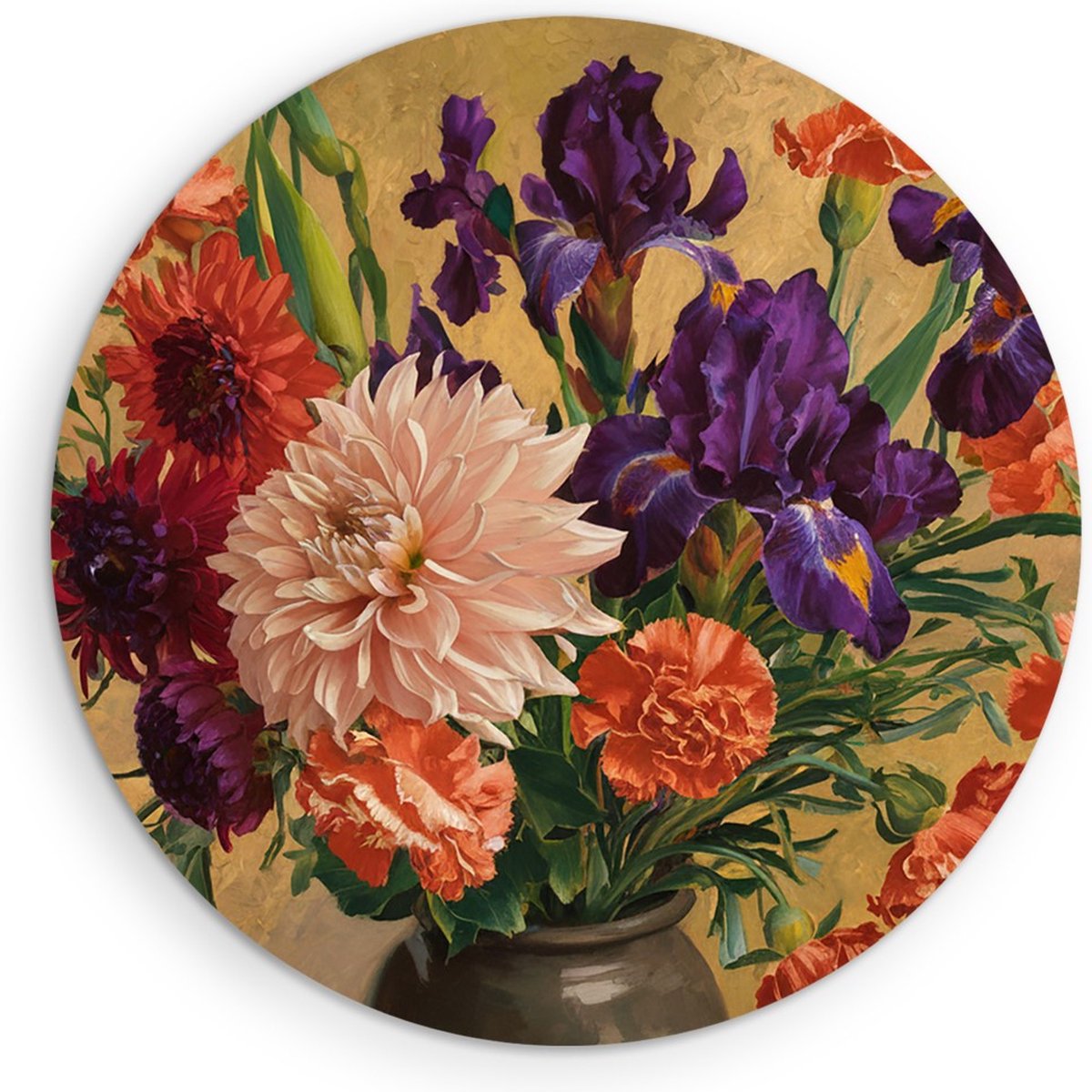 Saammp Muurcirkel Hout - Gekleurde Bloemen in een vaas - Natuur - Ø 30 - Wandcirkel - Wanddecoratie Cirkel - Muurdecoratie Woonkamer - Kantoor Decoratie