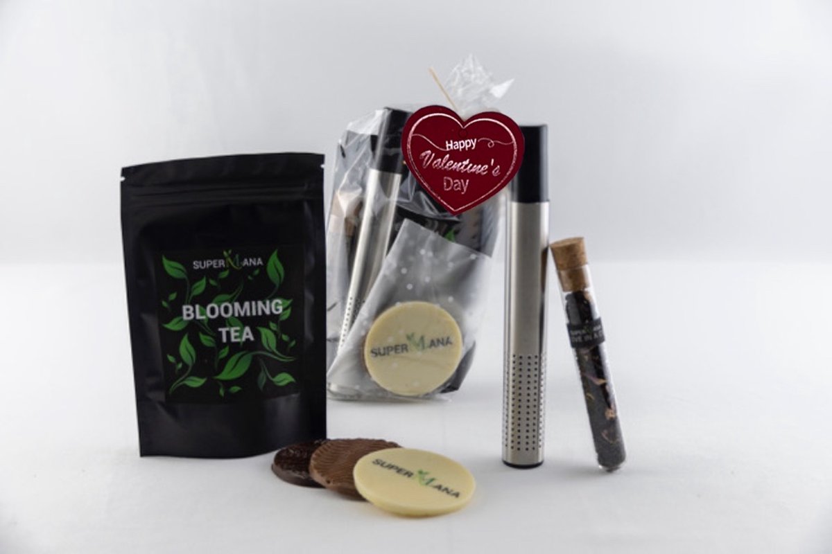 SuperMana thee cadeau pakket, thee infuser, theezeef, theebloem, blooming tea, losse thee, theeliefhebber, valentijn
