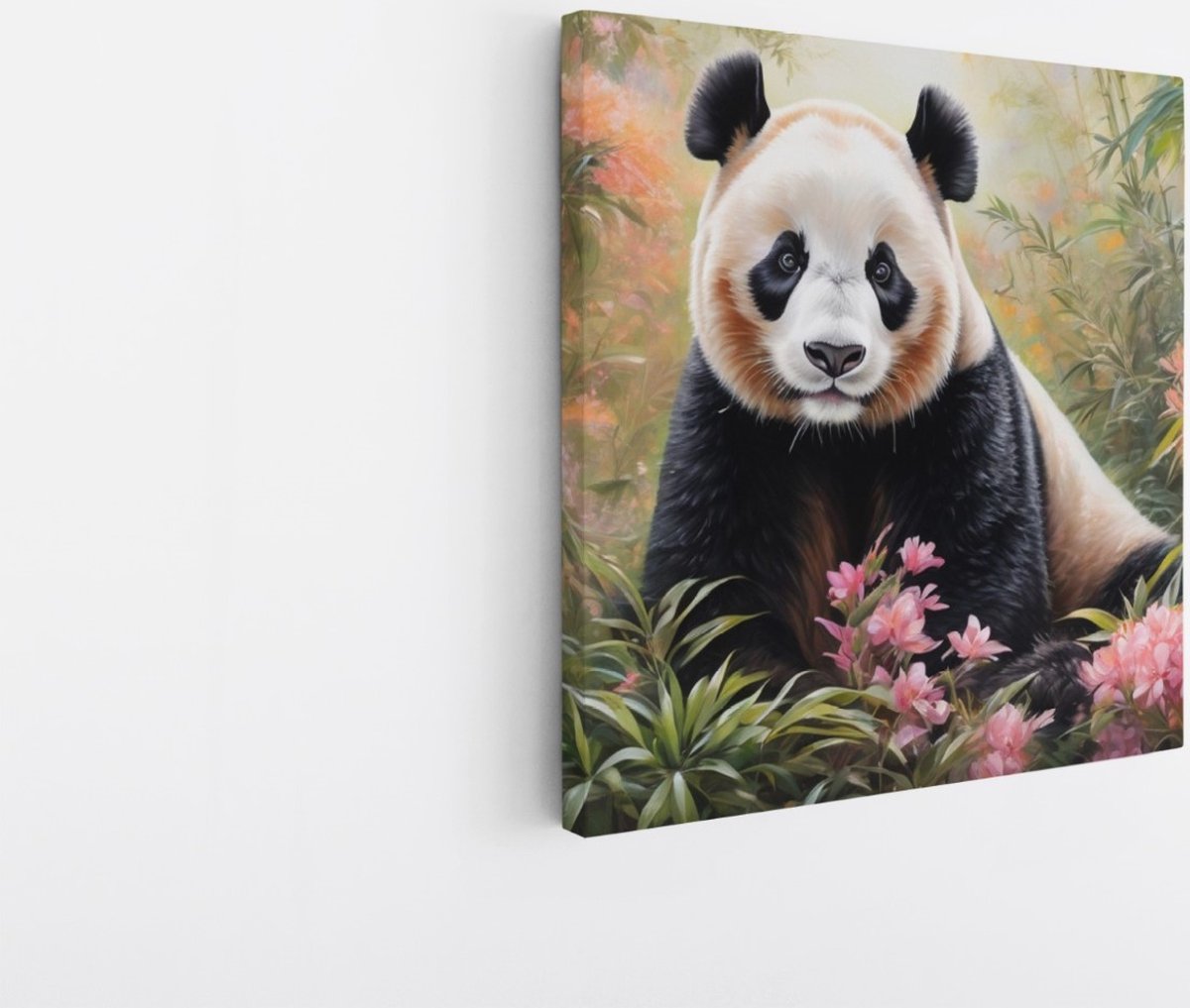 Saammp Canvas Schilderij - Panda tussen de bloemen - Dieren - Abstract - 60x60 - Foto op canvas - Wanddecoratie - Muurdecoratie Woonkamer - Slaapkamer decoratie - Canvas Print Multicolor