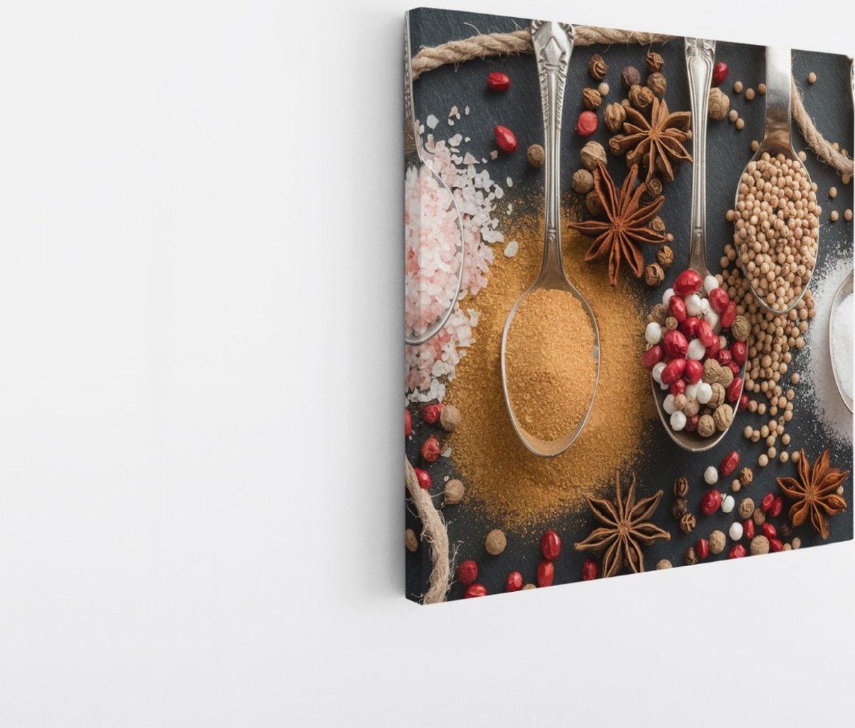 Saammp Canvas Schilderij - 4 Lepels met specerijen - 60x60 - Foto op canvas - Wanddecoratie - Muurdecoratie keuken - Slaapkamer decoratie - Canvas Print Multicolor