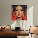 Peinture abstraite d'une femme asiatique aux cheveux relevés, lèvres rouges et boucles d'oreilles dorées, sur fond rouge.