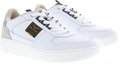Witte PME Legend sneakers met beige suède hiel en zwart/goud logo.