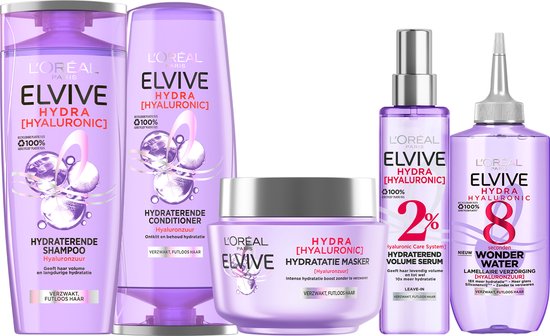 Set van vijf L'Oréal Elvive Hydra Hyaluronic haarproducten in paarse verpakkingen.