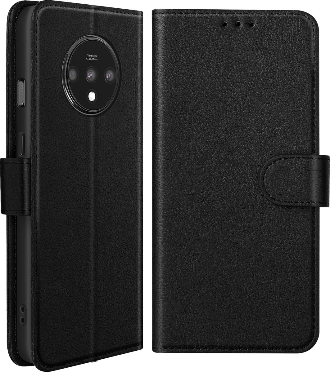 Avizar Hoesje Geschikt voor OnePlus 7T Clamshell Portemonnee en Videohouder, Zwart