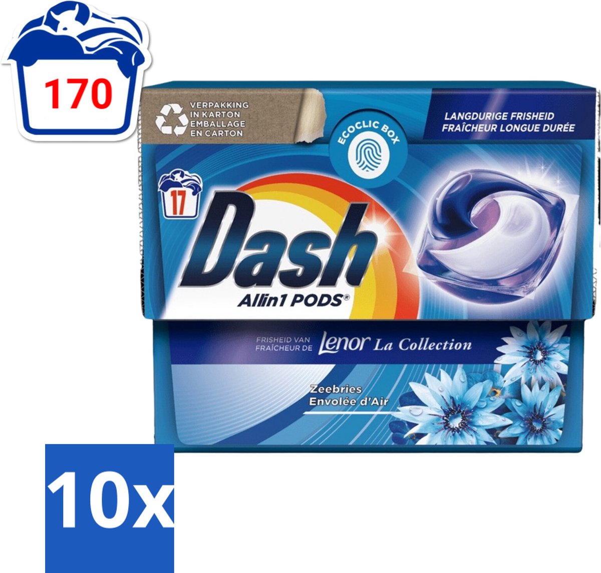 10 x Dash - Lenor Collectie - Wasmiddel Capsules - All-in-1 Pods - Witte en Gekleurde Was - Zeebries - 17 Wasbeurten - Wasmiddel Capsules - Zeebries Geur - Wasmachine Pod - Frisheid Was - Witte Was