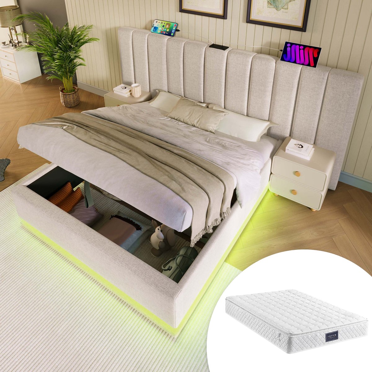 Merax Tweepersoonsbed 160x200 cm met Matras en USB-C & USB Aansluiting – Bed met LED Verlichting via App en Hydraulische Opbergruimte – Beige