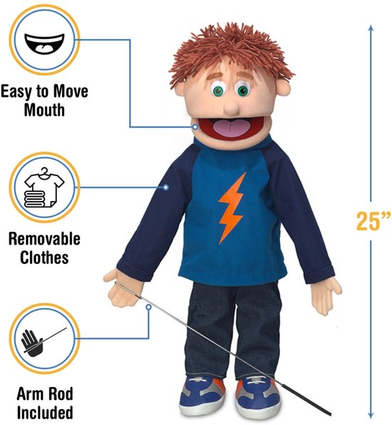 Handpop Tommie, 60 cm, met bruin haar, blauw shirt, spijkerbroek. Makkelijk te bewegen mond. Armstok inbegrepen.