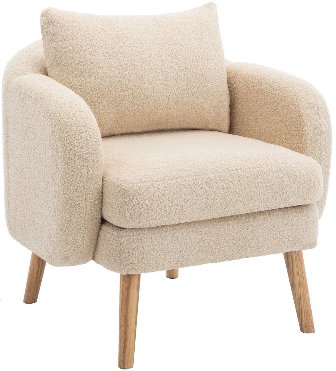 Merax Teddy Fauteuil – Beige – Bouclé Stoel met Extra Dik Zitkussen en Massief Houten Poten – Luxe Loungestoel – Accentstoel