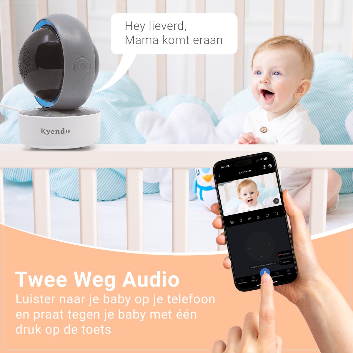 Afbeelding 2 van Kyendo Babyfoon met Camera – Nachtzicht met 5 Functies – 2-Weg Communicatie – Oneindig Bereik – Kraakhelder Beeld