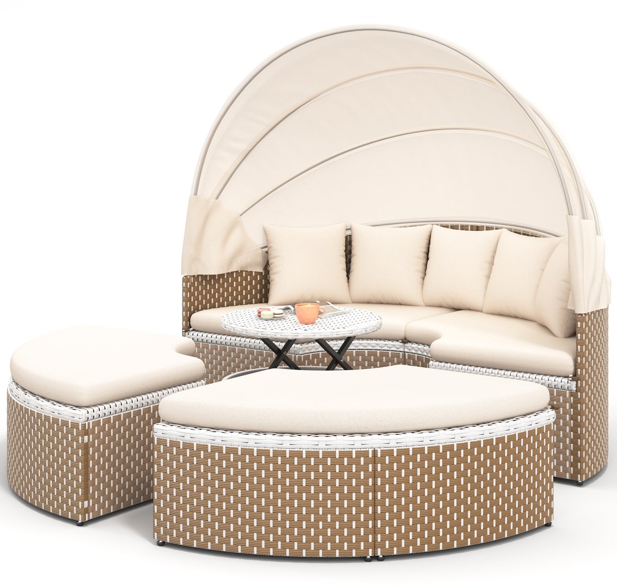 Merax Luxe Rattan Loungeset – Rond Ligbed met Verstelbare Tafel & Uitschuifbare Zonwering – Inclusief Kussens – Beige