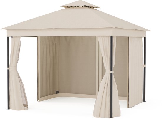 Blumfeldt Mondo Dubbel Paviljoen 3x3 - Dubbel dak & muggengaas, weerbestendig metalen frame, gordijnen voor privacy, tuinpaviljoen, eenvoudig te monteren, beige