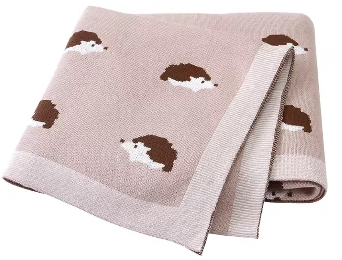 IL BAMBINI bruin/roze babydeken met egeltjes - 100% katoen extra zacht 100x80cm - Pluisvrije deken - babydekentjes voor wieg of ledikant - kraamcadeau