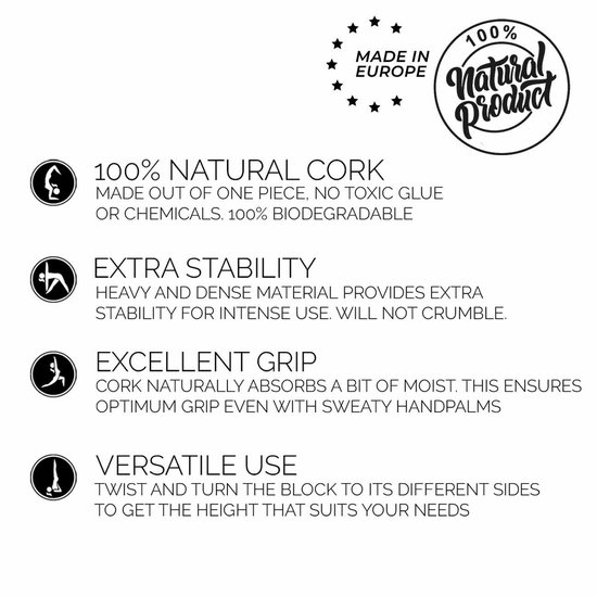 Informatiepaneel over het kurken yogablok: 100% natuurkurk, extra stabiliteit, uitstekende grip, veelzijdig gebruik.