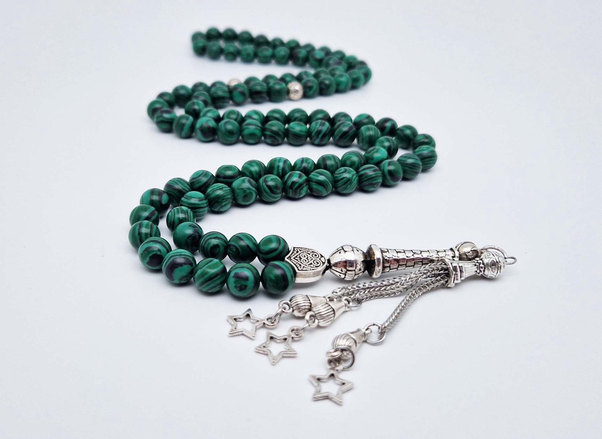 Handgemaakte tesbih "Tasbih" natuursteen "Malachiet" - Aantal kralen 99 - Diameter kralen 8MM - met metaal tassel "Kleine sterren" - Een mooi cadeau-idee