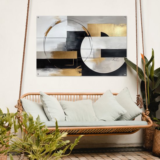 Tuinposter 120x80 cm - Tuindecoratie Abstract - Goud - Zilver - Vormen - Aesthetic - Poster voor in de tuin - Buiten decoratie - Schutting tuinschilderij - Tuindoek muurdecoratie - Wanddecoratie balkondoek
