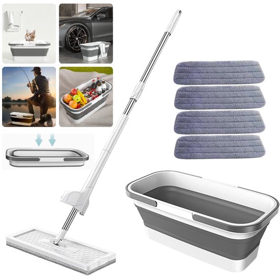 FUEGOBIRD - Ensemble vadrouille et seau pliable - Seau polyvalent pliable - Avec kit essoreuse - Mains libres - Fourni avec 4 vadrouilles lavables en microfibre - Humide et sec