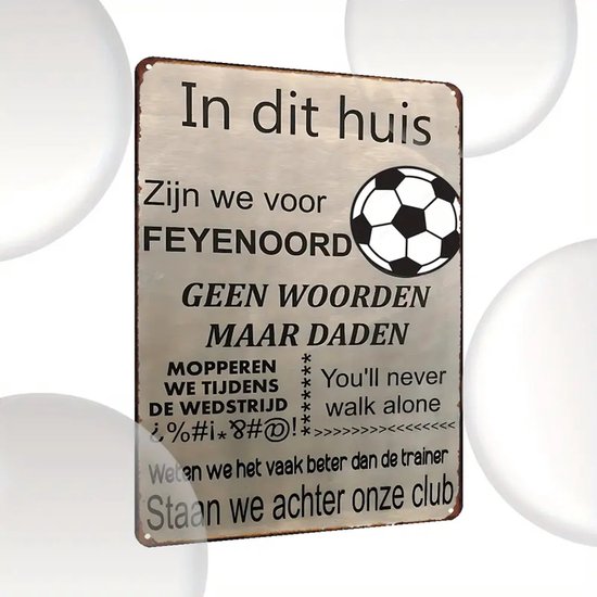 Feyenoord - Vintage Aluminium Bord (20.07x29.97 cm) - Geen woorden maar daden, Retro Muurkunst voor Thuis, Keuken, Bar, Café, Garage - Waterdichte & Stofdichte Decoratie - Tin