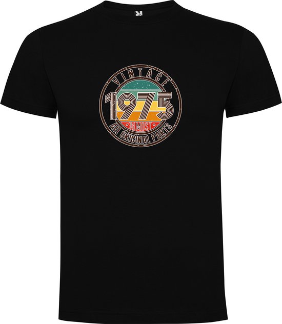 T-shirt Zwart avec imprimé coloré « Vintage 1975 Presque toutes les pièces Original – 1975 Presque toutes les pièces d'origine – Humour – Âge – Rétro » Impression couleur Taille XL