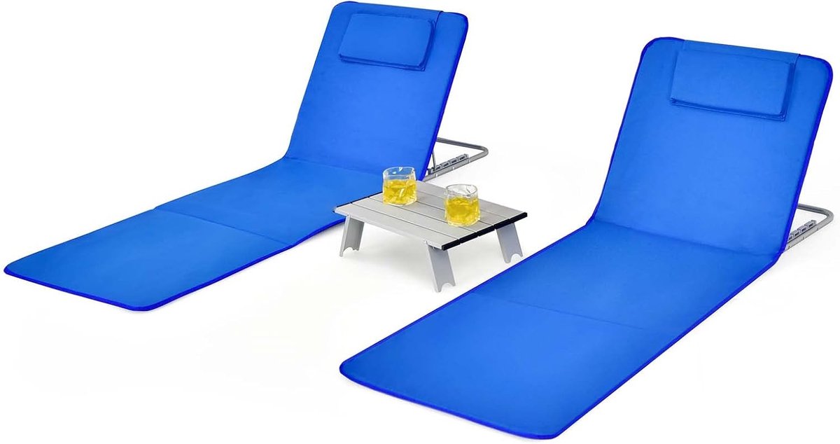 COSTWAY Set van 2 strandmatten met bijzettafel, hoofdkussen en opbergvak, ligmat met verstelbare rugleuning, opvouwbare zonmat, licht, draagbaar, strandstoel voor het strand (blauw)