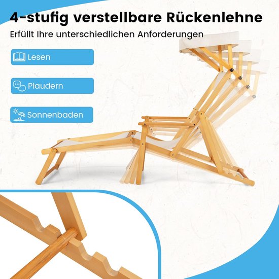 COSTWAY Zonneligstoel met dak, inklapbare ligstoel met verstelbare rugleuning, houten ligstoel, terrasstoel, strandstoel met reserveonderdelen voor tuin, strand, zwembad van Costway — afbeelding 5