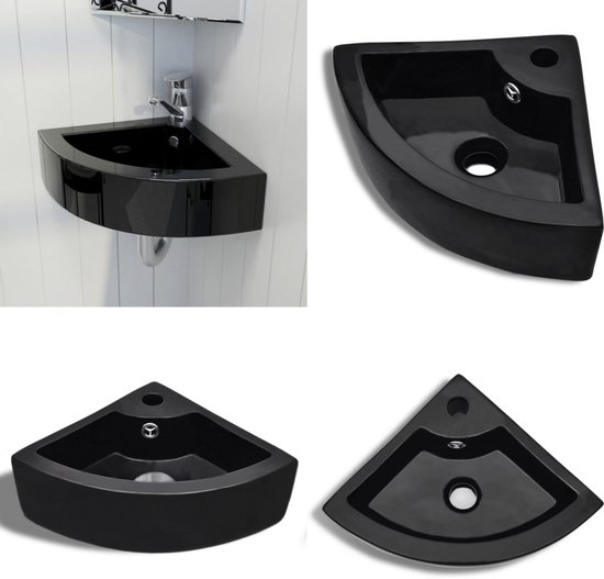 vidaXL Wastafel met Overloop Gootsteen Badkamerwastafel Wasbak Basin Badkamerwasbak Wasbasin Wastafels Badkamerwastafels Bak Ovaal Keramiek Matzwart