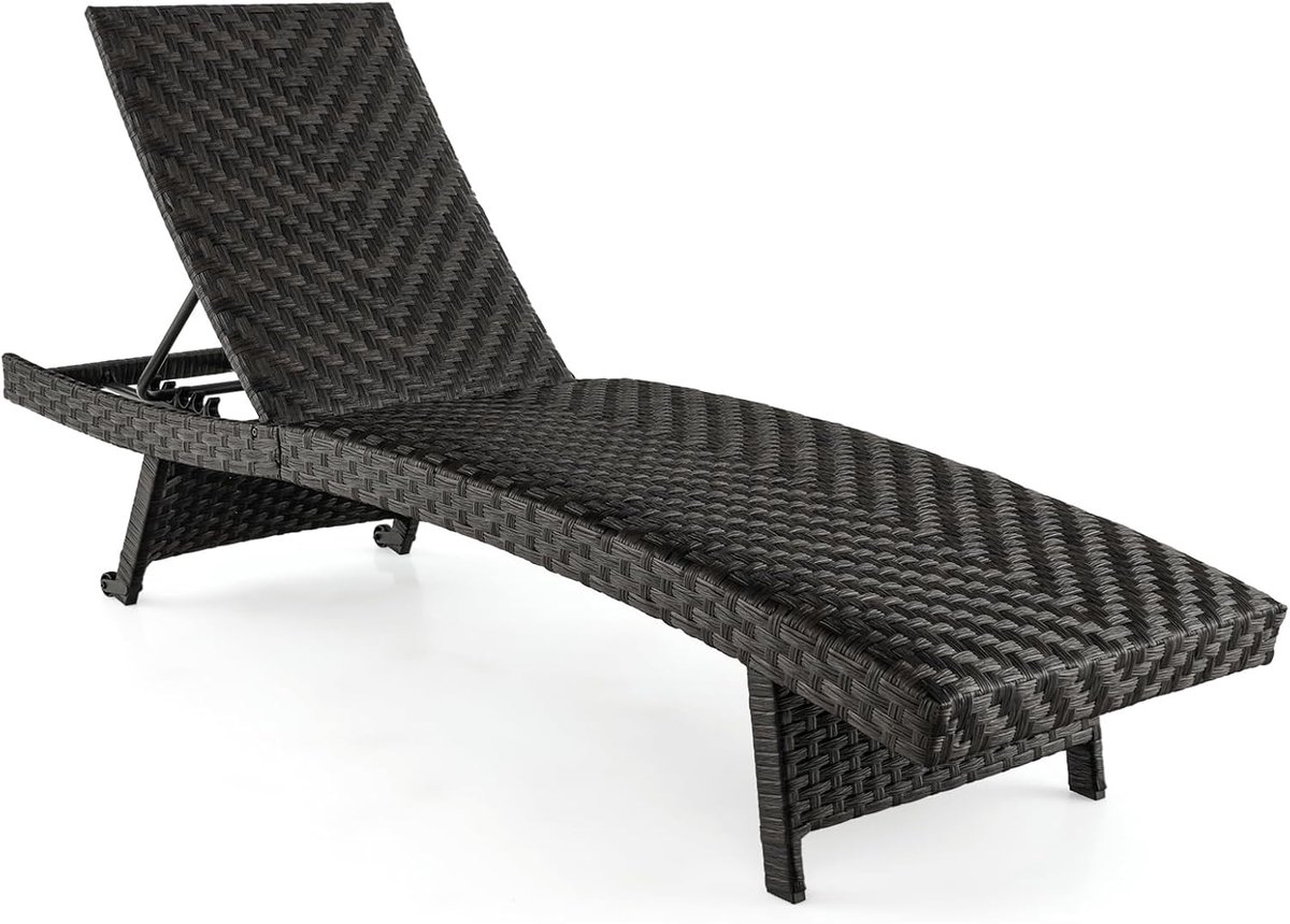 COSTWAY Zonnebed, inklapbaar, ligstoel met 5-voudig verstelbare rugleuning en wielen, relaxstoel met metalen frame, tot 150 kg belastbaar, klapstoel in rotanlook, ligstoel voor terras, zwembad