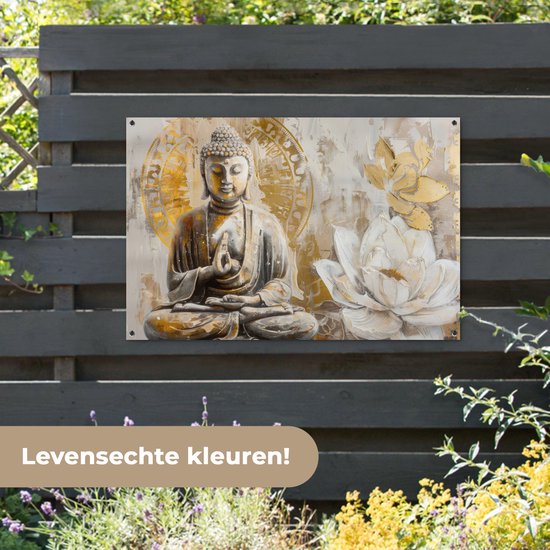 Affiche de jardin 120x80 cm - Décoration de jardin Bouddha - Bloem - Lotus - Wit - Goud - Zen - Affiche pour le jardin - Décoration extérieure - Tableau de jardin clôture - Décoration murale sur toile de jardin - Décoration murale sur toile de balcon