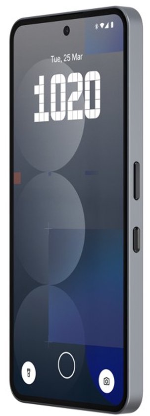 Grijze Nothing Phone met een donker, widget-gebaseerd display.