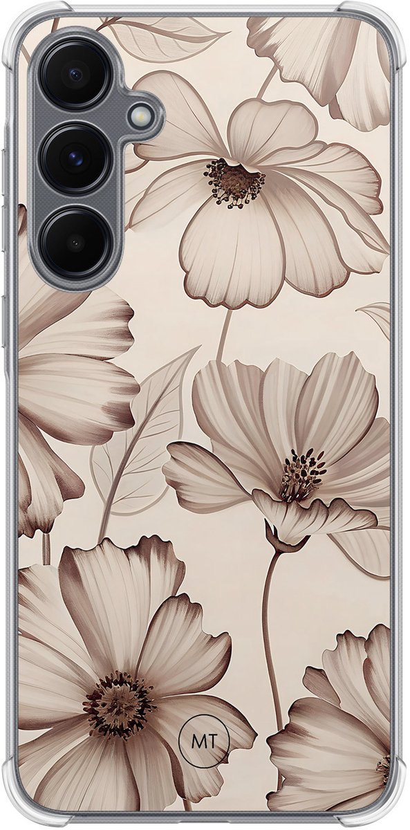 Hoesje (shockproof) geschikt voor Samsung Galaxy A55 - Sand flowers - Extra sterke case - TPU/polycarbonaat - Bloemen - Beige, Transparant