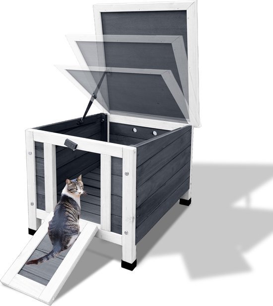 Houten kattenhuis, wit met donkerblauwe panelen, met een kat die het huisje verlaat.
