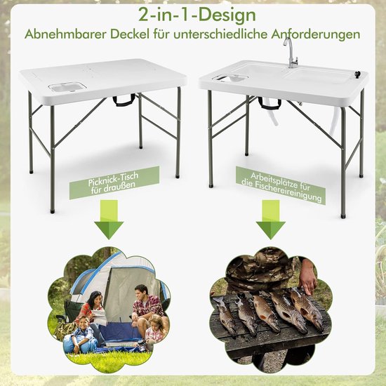 COSTWAY Visreinigingtafel, inklapbare filetietafel met 2 ingebouwde spoelbakken, 360° draaibare kraan en meetschaal, draagbare campingtafel voor kamperen, vissen, grillen van Costway — afbeelding 5