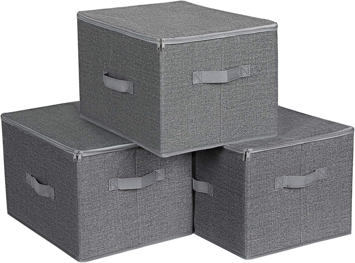 Famanu Opbergboxen met deksel, set van 3, Opvouwbare stoffen dozen met handvaten, voor het opbergen van kleding en spiegelspullen, grijs RYZB03G