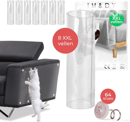 Productfoto met 8 XXL vellen anti-krab bescherming, een zwarte en witte kat die aan een bank krabt, en accessoires. Tekst: '8 XXL vellen'.
