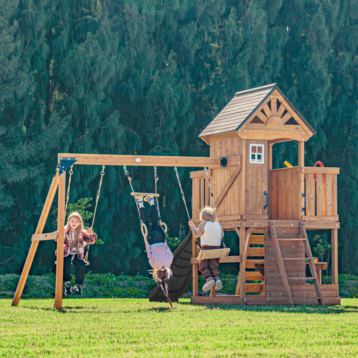 Axi Malik Aire De Jeux En Bois Avec 2 Balançoires, Toboggan Vert/ Aire De Jeux Extérieur, Bac À Sable, Mûr De Jeux/Toboggan Avec Raccordement À Eau | | Leroy Merlin