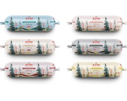Kivo Petfood Houdbare Worsten INTRODUCTIEDOOS 6 x 600 gram smaken: Rund, Kip, Rund & Kip, Kip & Zalm, Eend, Lam - Zacht gestoomd vlees - Glutenvrij geen fratsen