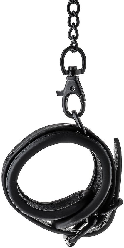 Zwarte metalen schakelketting, karabijnsluiting en ring.