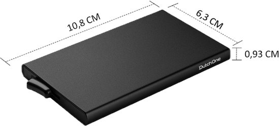 Porte-cartes en aluminium noir avec dimensions : 10,8 cm x 6,3 cm x 0,93 cm.